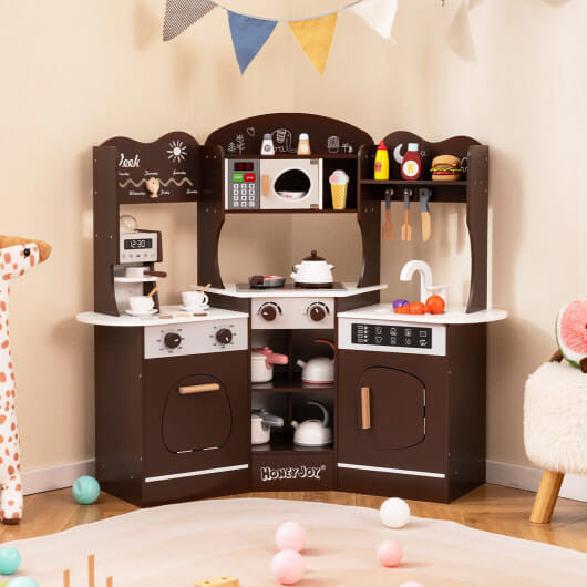 Corner Wooden Play Kitchen with Coffee Machine and Slide for Kids-Brown KNACK