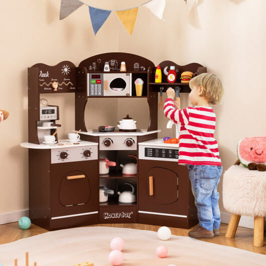 Corner Wooden Play Kitchen with Coffee Machine and Slide for Kids-Brown KNACK