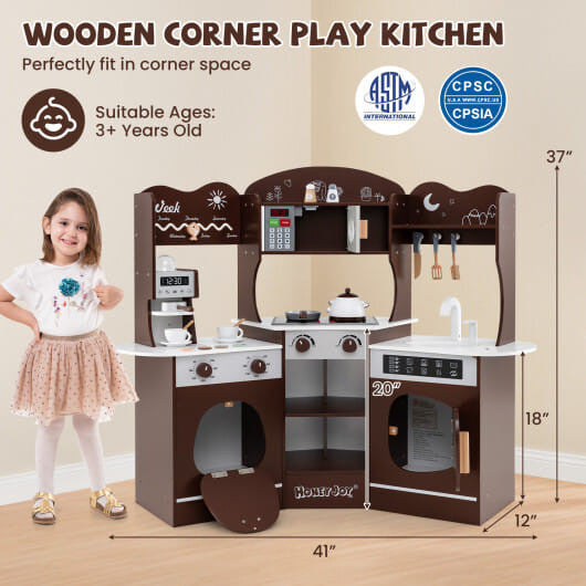 Corner Wooden Play Kitchen with Coffee Machine and Slide for Kids-Brown KNACK