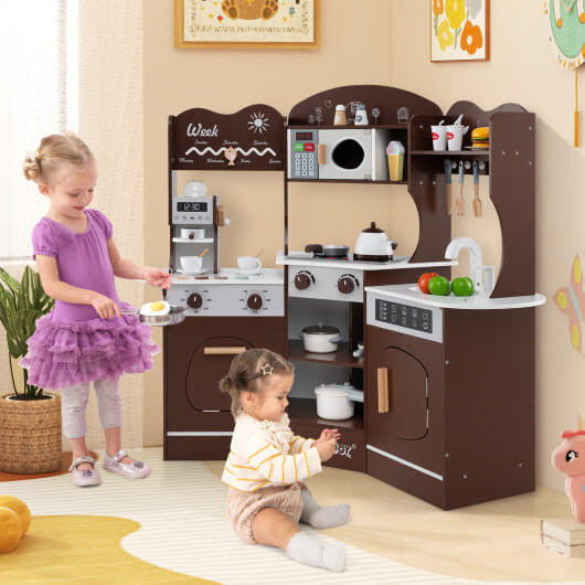 Corner Wooden Play Kitchen with Coffee Machine and Slide for Kids-Brown KNACK