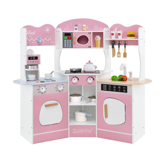 Corner Wooden Play Kitchen with Coffee Machine and Slide for Kids-Brown KNACK