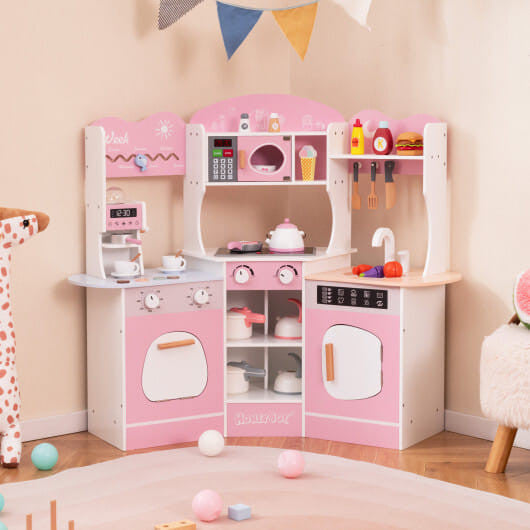 Corner Wooden Play Kitchen with Coffee Machine and Slide for Kids-Brown KNACK