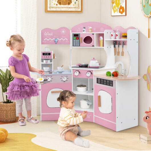 Corner Wooden Play Kitchen with Coffee Machine and Slide for Kids-Brown KNACK