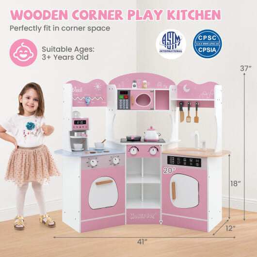 Corner Wooden Play Kitchen with Coffee Machine and Slide for Kids-Brown KNACK