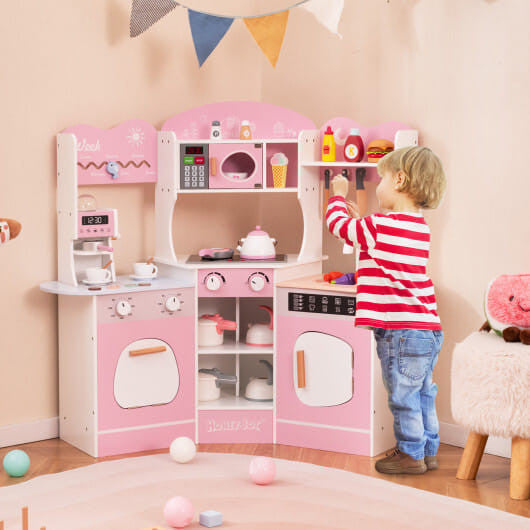 Corner Wooden Play Kitchen with Coffee Machine and Slide for Kids-Brown KNACK