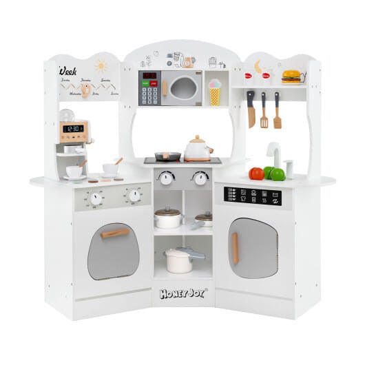 Corner Wooden Play Kitchen with Coffee Machine and Slide for Kids-Brown KNACK