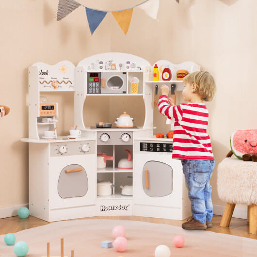 Corner Wooden Play Kitchen with Coffee Machine and Slide for Kids-Brown KNACK