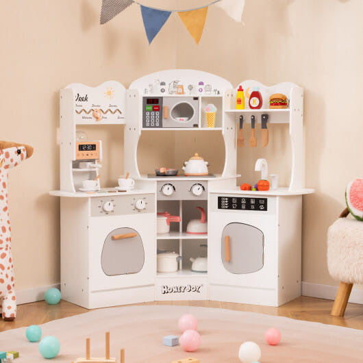 Corner Wooden Play Kitchen with Coffee Machine and Slide for Kids-Brown KNACK