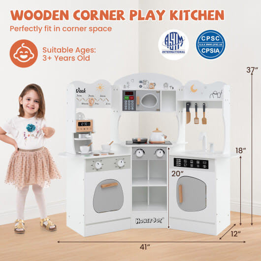 Corner Wooden Play Kitchen with Coffee Machine and Slide for Kids-Brown KNACK