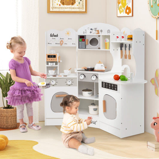Corner Wooden Play Kitchen with Coffee Machine and Slide for Kids-Brown KNACK