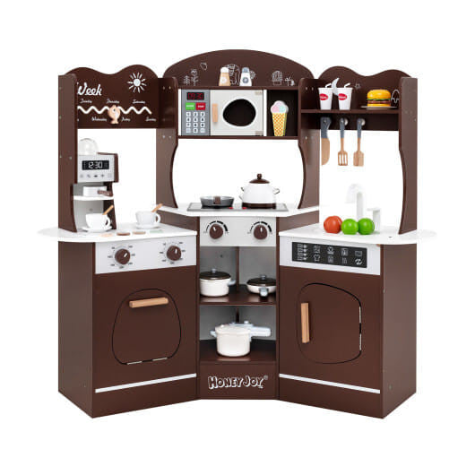 Corner Wooden Play Kitchen with Coffee Machine and Slide for Kids-Brown KNACK