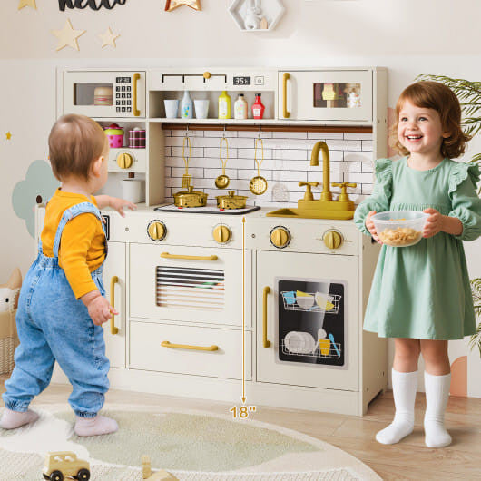 Pretend Toy Kitchen Set with Stoves and Water Dispenser-Beige KNACK