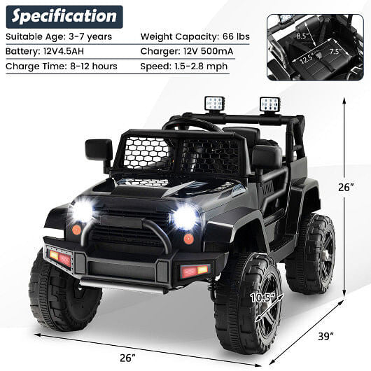 12V Kids Ride On Truck with Remote Control and Headlights-Black KNACK
