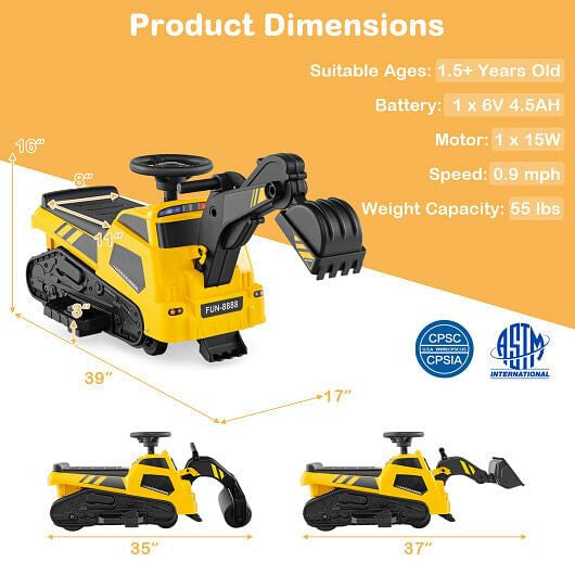 6V Ride on Tractor 3-in-1 Electric Excavator with Adjustable Arms and Music-Yellow KNACK